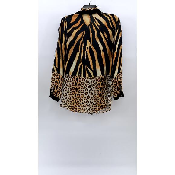 GENESE Women's Black-Brown Animal Print Long Sleeve Button-Up Top SZ 2 - Picture 2 of 13